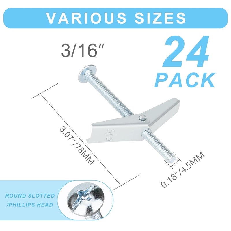 Vmuter 24Pcs Hollow Wall Anchors 3/16” Heavy Duty Butterfly Anchors for Drywall, Toggle Bolts and Wing Nut Kit, Metal Drywall Anchors and Screws Assortment Set - Image 2